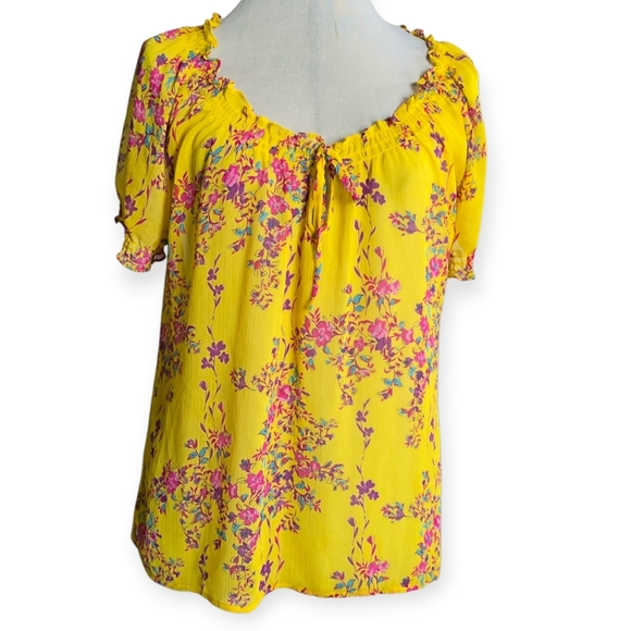 Old Navy Sheer Floral Peasant Top, Yellow, Size Large - Picture 2 of 8